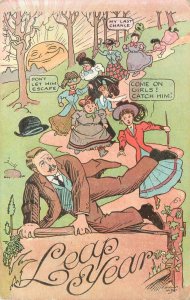 Leap Year Postcard Women Chase Man, S/A A. Hutaf, Tracy & Pierre RPO 1908 Cancel
