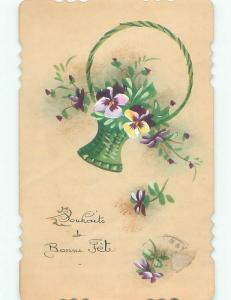 Pre-1920 Handmade One-Of-A-Kind Postcard PRETTY FLOWERS IN GREEN BASKET AC6554