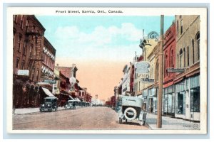 c1920's Drugstore, Cafe, Cars Scene, Front Street Sarnia Ontario Canada Postcard 