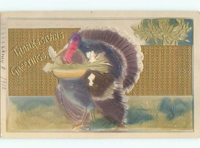Pre-Linen thanksgiving art nouveau EMBOSSED TURKEY HOLDS WICKER BASKET k8908