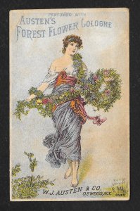 VICTORIAN TRADE CARD Austen's Cologne Woman & Garland Flowers