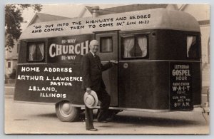 RPPC Leland IL Hi-Way Bi-Way Church Travel Trailer Pastor Lawrence Postcard B35