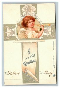 Vintage 1910's  Easter Postcard Cute Angel with Horn Large White Silver Cross