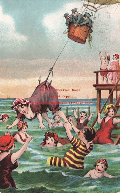 Men in a Hot Air Balloon Hooking a Bathing Beauty in the Water, J Wollstein