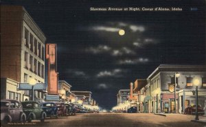 Coeur d'Alene Idaho ID sherman Ave Street Scene at Night Linen Vintage PC