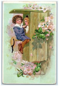 c1910's Birthday Greetings Children Bird House Flowers Embossed Nash Postcard 