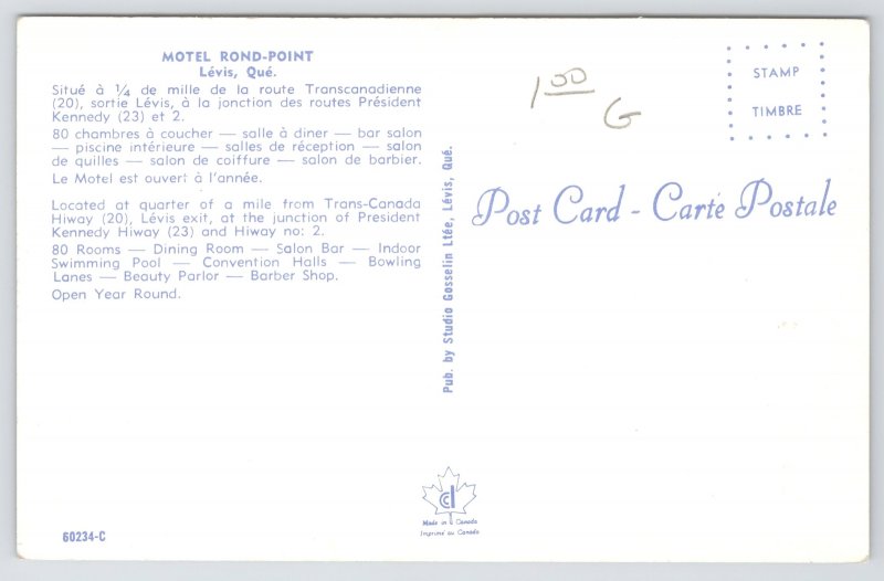 Roadside~Levis Quebec Canada~Motel Rond-Point~View Indoor Pool & Tables~Vtg PC