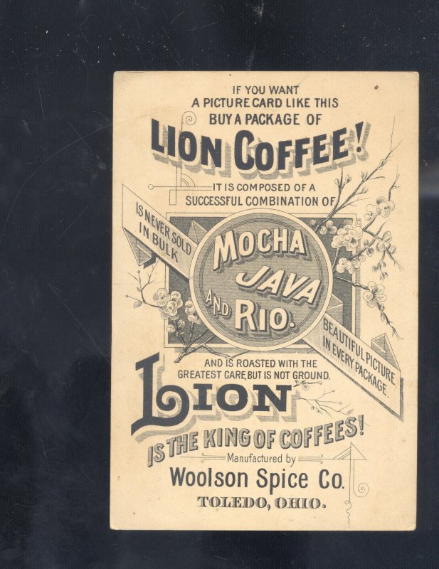 TOLEDO OHIO WOOLSON SPICE COMPANY LION COFFEE RABBIT GIRL VICTORIAN TRADE CARD