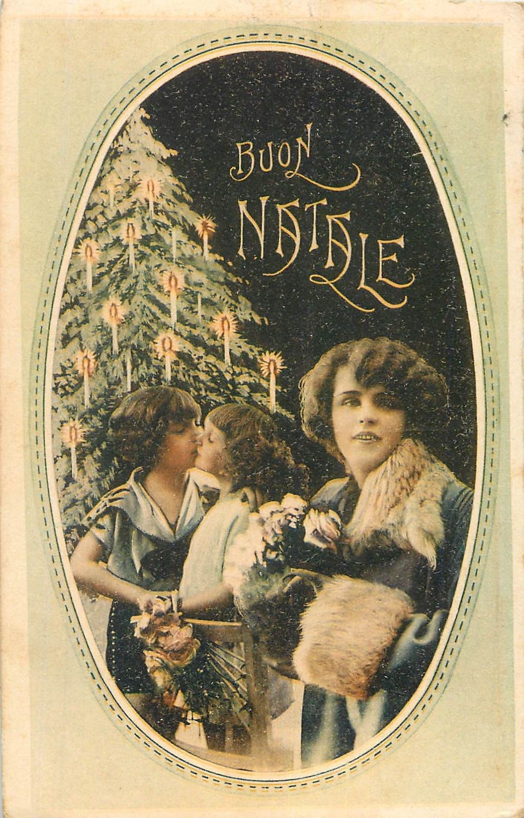 Buon Natale History.Buon Natale Christmas Tree Fantasy Kissing Girls Beauty Lady 1927 Postcard Hippostcard