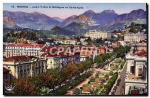 Old Postcard Menton Public Garden and Mountains Of St. Agnes