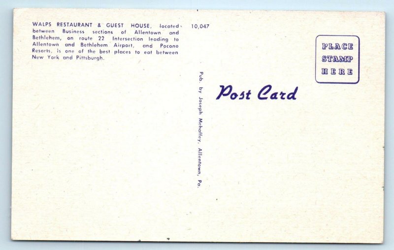 ALLENTOWN, PA~ WALP'S RESTAURANT  c1940s Car Roadside Linen Postcard