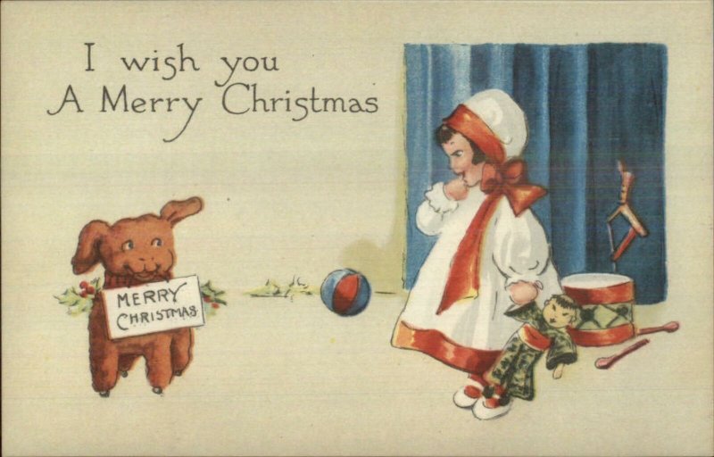 Christmas - Little Girl w/ Chinese Doll & Toy Dog c1915 Gibson Postcard