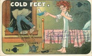 Cold Feet man jumping out woman's window Cold C-1910 Postcard 969