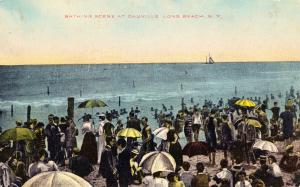 Postcard c1908,Bathing Scene at Dauville, Long Beach NY Bathers Umbrellas E05