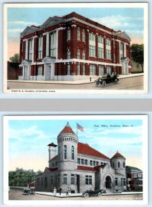 2 Postcards ATCHISON, Kansas KS ~ Post Office FIRST M.E. CHURCH c1920s