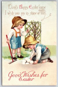 Clapsaddle Easter Wishes~Children Gardeners~Rake~Gather Eggs~Emboss~IAPC~c1910