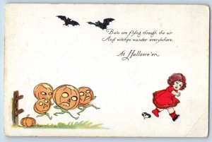 c1910's Halloween Bats Jack O Lantern Chasing Girl Unposted Antique Postcard