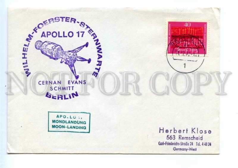 494695 GERMANY 1972 Apollo 17 tracking station Berlin cancellation SPACE COVER