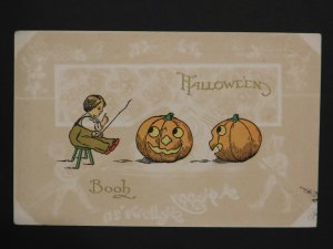 1912 Halloween Postcard Boy talking to Two Large Jack-O'-Lanterns, Norfolk, CT