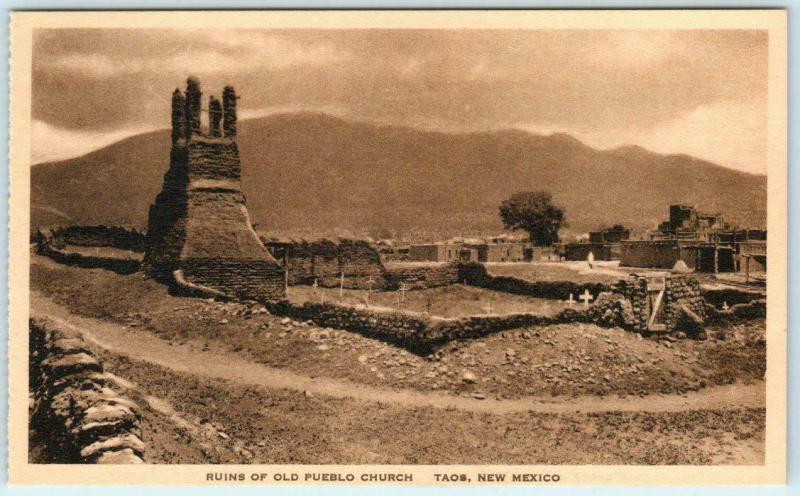 TAOS, New Mexico NM   OLD PUEBLO CHURCH RUINS  Albertype Sepia  Postcard