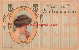 Heartiest Congratulations, H Wessler No 278-2, Woman Smelling Roses, Art Nouveau