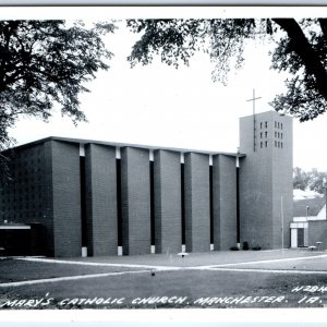 c1950s Manchester, IA RPPC St. Mary's Catholic Church Modern Brick Building A108