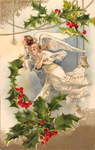 Christmas Wishes Angels Flying Holly Bells Antique Postcard K21838