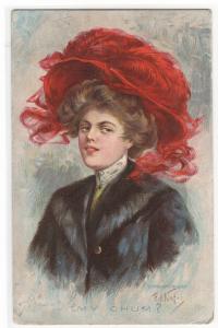 Beautiful Lady Large Hat E H Kiefer artist signed 1911 postcard