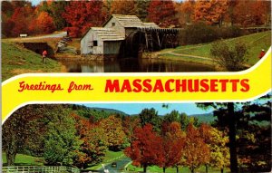 Greetings Banner Massachusetts Scenic Multi View Chrome Cancel WOB Postcard 