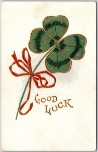 Good Luck, Embossed Four-Leaf Clover With Red Ribbon & Gold Accents, Postcard