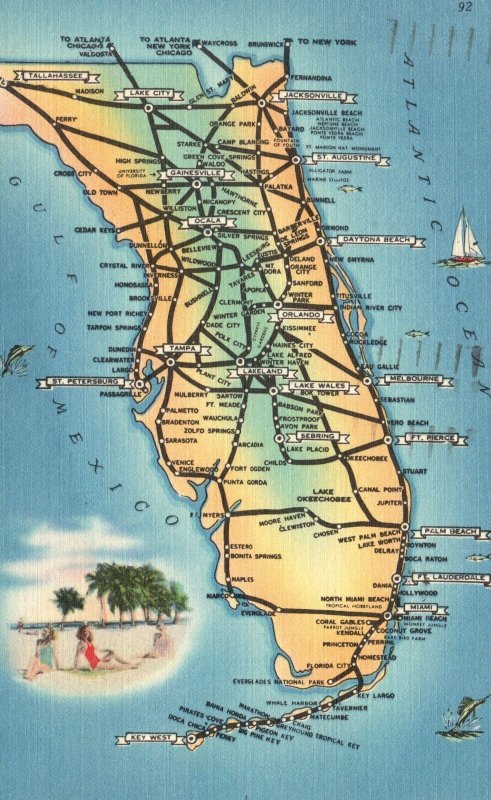 Vintage Postcard 1954 Map and Routes Beaches Gulf of Mexico Atlantic Ocean