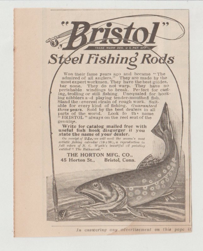 Bristol Steel Fishing Rods 1910 Ad Wyeth Calendar Offer, Horton Mfg Bristol  CT