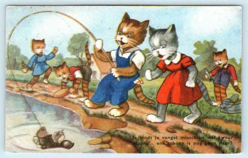 DRESSED CATS Anthropomorphic KITTENS FISHING 1950? Netherlands  Postcard