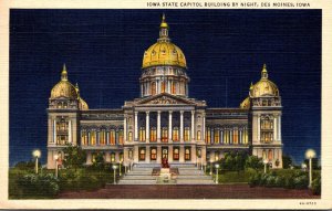 Iowa Des Moines Iowa State Capitol Building At Night 1950 Curteich