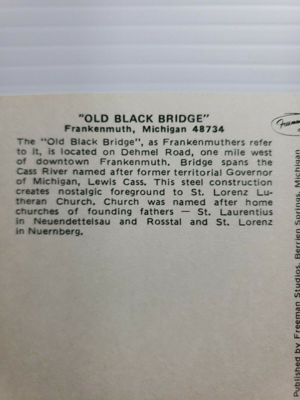 VTG Postcard Old Black Bridge Frankenmuth Michigan Dehmel Road 1986 unposted 628