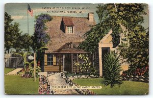 1941 ST AUGUSTINE FLORIDA FL GARDEN AT OLDEST SCHOOL HOUSE LINEN POSTCARD P2678