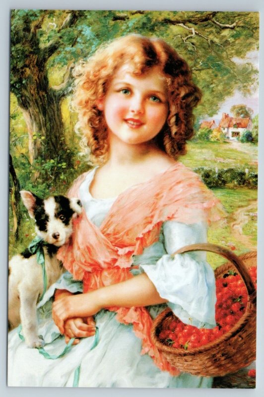 LITTLE GIRL Dog Puppy Basket CHERRY Peasant Romantic by Vernon NEW Postcard