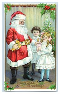 C. 1910 Santa Claus Girls Doll Tree Clown Christmas Holly Vintage Postcard F33