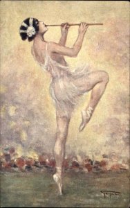 Beautiful Woman Ballerina Playing Flute Ethereal GAYAC Dance c1910 Postcard