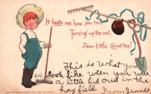 Vintage Postcard Little Boy Turning Up The Soil To Catch Up The Carrot-Top
