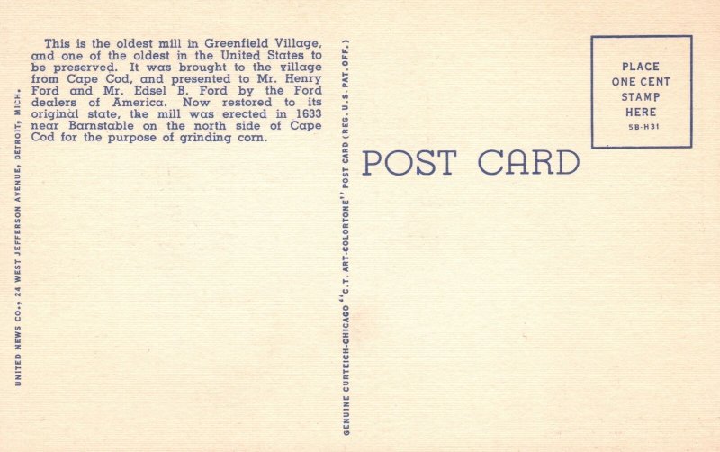 Vintage Postcard 1930's View of Cape Cod Windmill Greenfield Village Dearborn MI