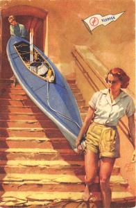 New York NY Klepper Kayak Boat Packing Down Stairs Linen Postcard