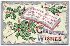 Merry Christmas Wishes Greetings Open Book Holly Berries Vintage Postcard 1911