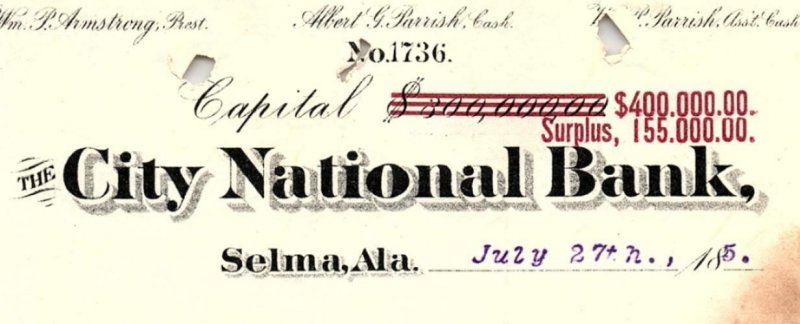 1885 SELMA ALABAMA THE CITY NATIONAL BANK  R. E. GISH & CO TOBACCO 43-14