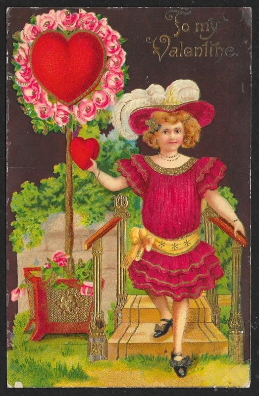 To My Valentine Lady In Red Dress Hearts & Roses Used c1910s