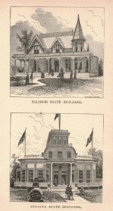 1876 Illinois and Indiana State Buildings Victorian Era Engraving 2T1-57k