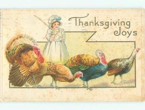 Pre-Linen Thanksgiving GIRL WITH STICK HERDS TURKEYS AB4409