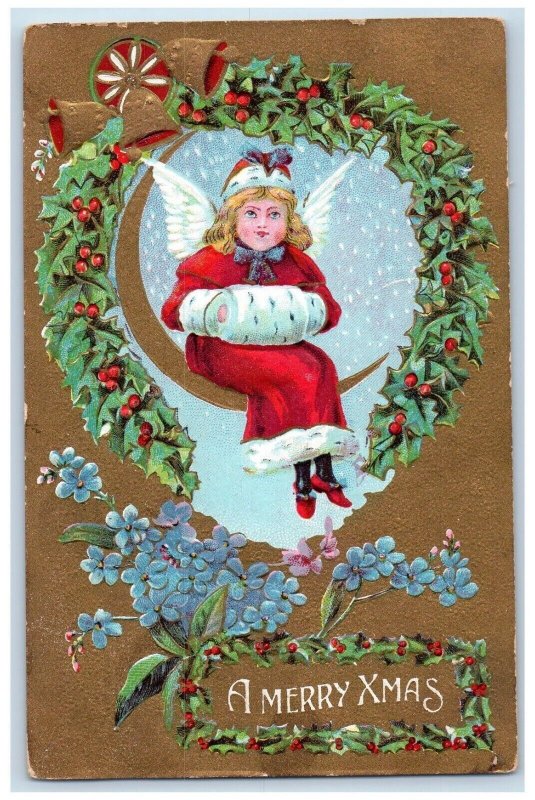 c1910's Christmas Holly Bells Angel Warmer Pansies Flowers Embossed Postcard