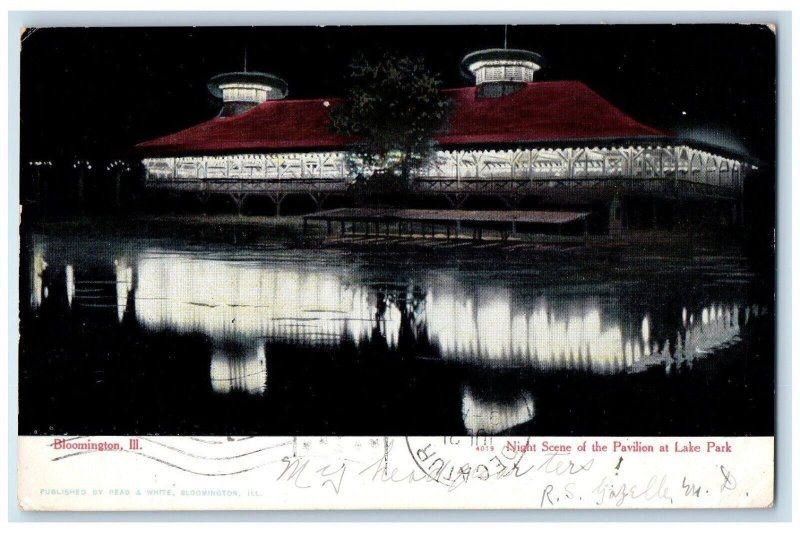 1907 Night Scene Pavilion Lake Park Exterior River Bloomington Illinois Postcard 