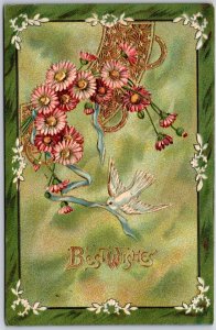 1909 Best Wishes Pink Flowers Blue Ribbon Green Background Posted Postcard